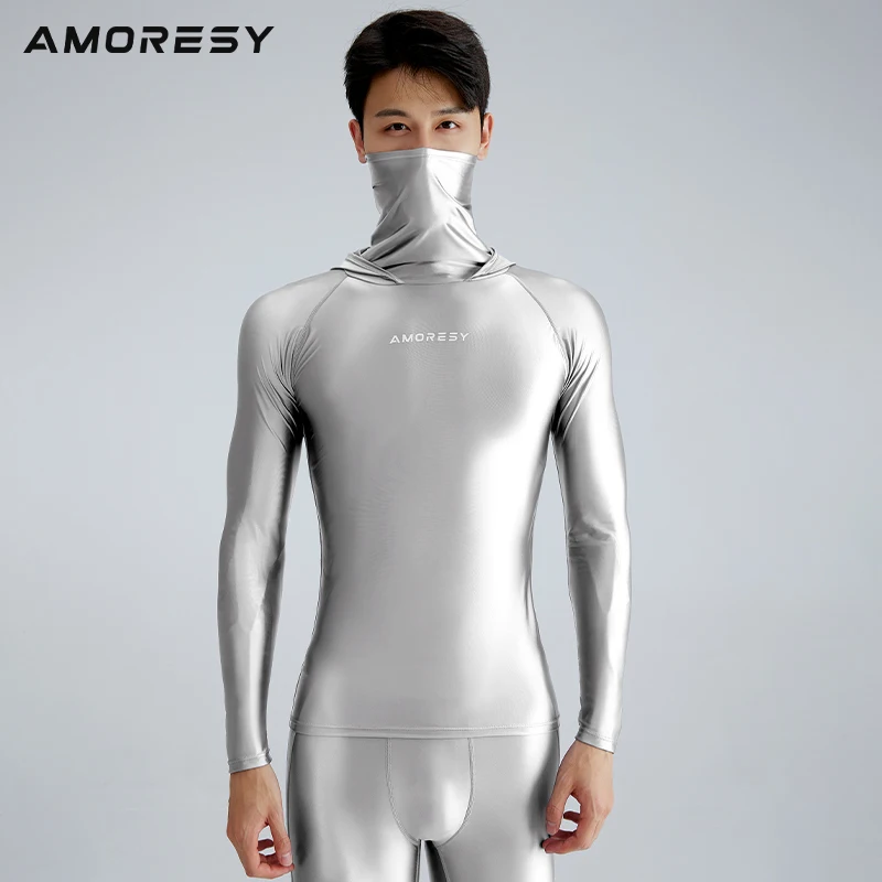 sexy Silk Breathable smooth T-shirt glossy tight surfing sun protection quick drying Hooded top fitness suit Men's swimsuit men swimsuit male swim rash guard