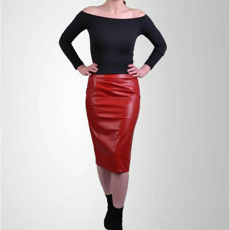 Red Color Skirt Women's Premium Quality Genuine Lambskin Leather Pencil Stylish