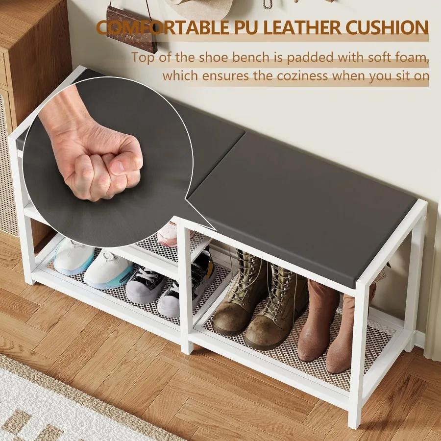 Shoe Bench Rack Storage Bench with Seat Cushion Stable Entryway Bench Holds Up to 300 lb 35 L x 12 W x 17 H White