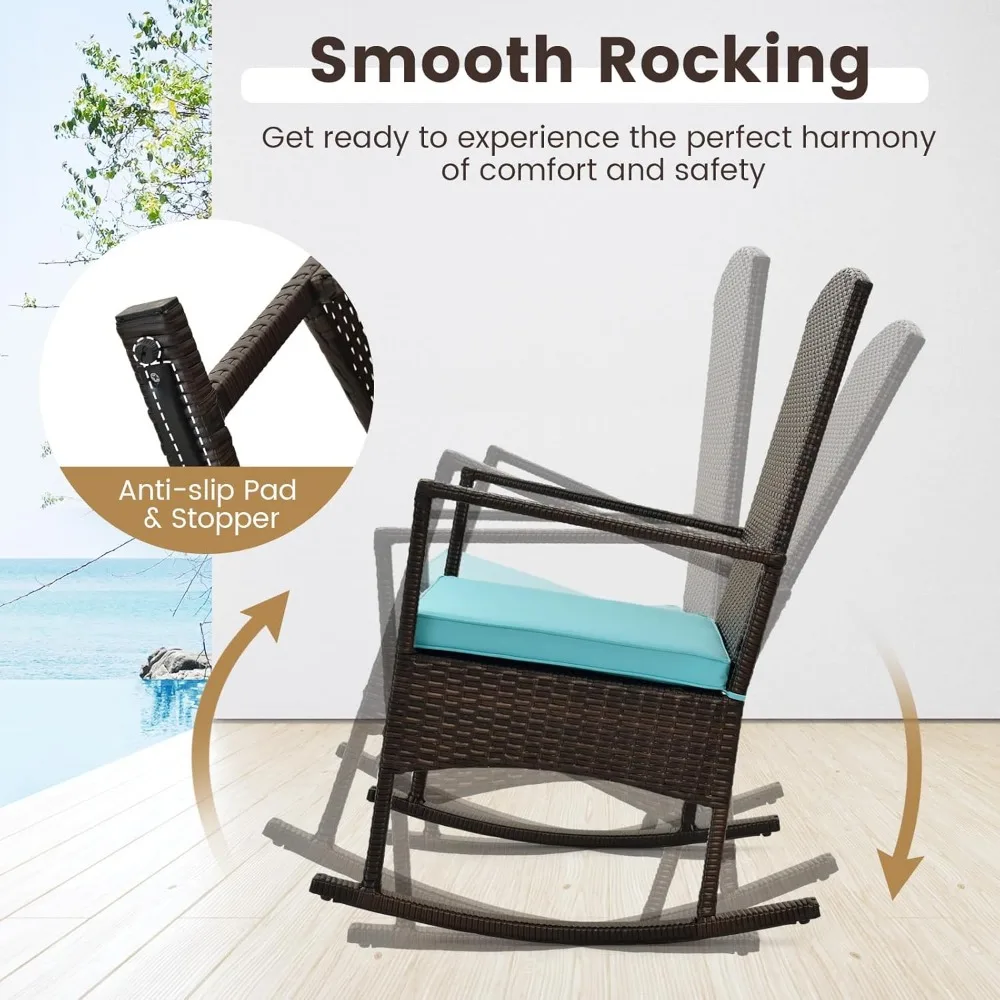 3 Pieces Rocking Wicker Bistro Set, Outdoor Front Porch Rocker Chairs Conversation Set with 2-Tier Tempered Glass Coffe 4