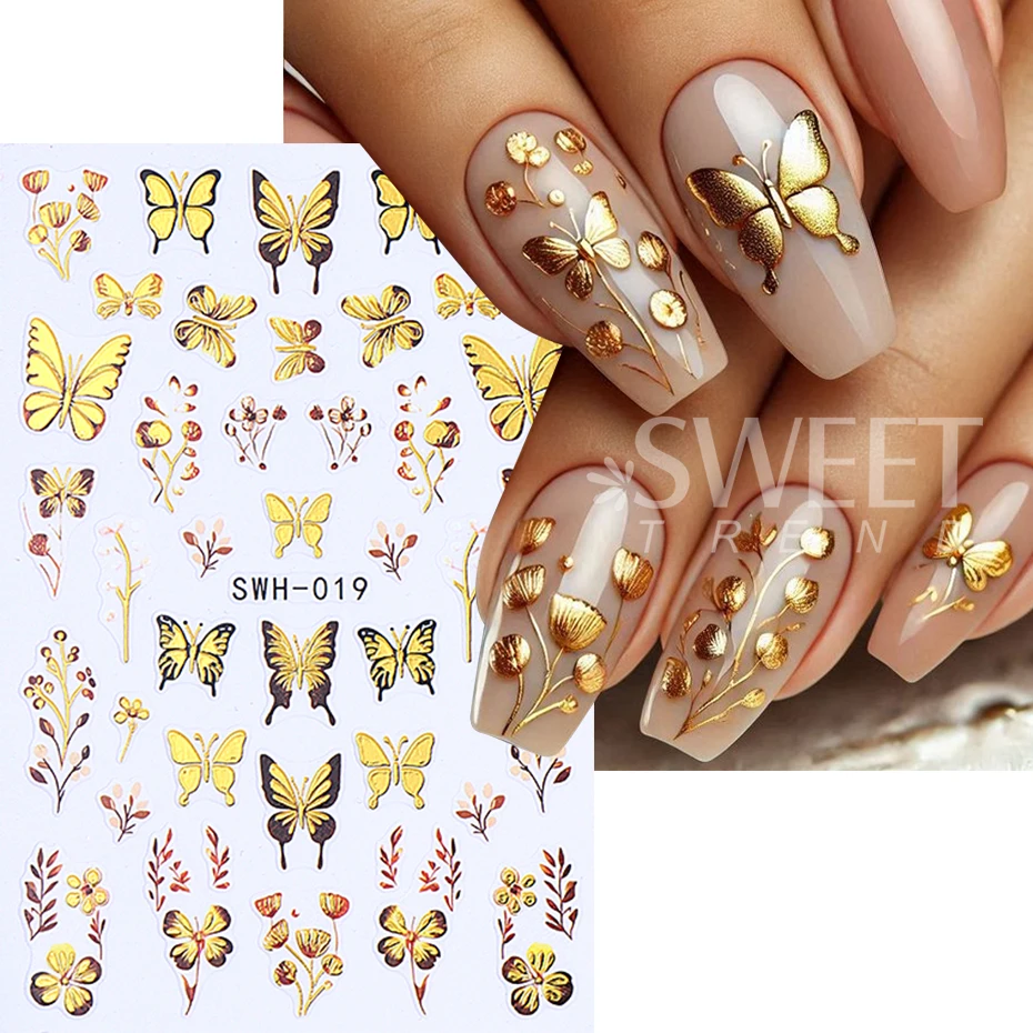 2pcs 3D Bronzing Butterfly Nail Stickers Golden Thread Petals Tulip Floral Adhesive Sliders Nail Decals DIY Charm Manicure Decor