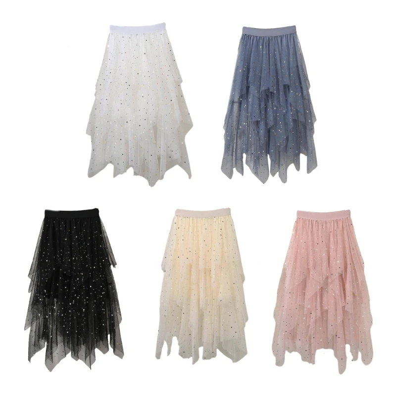 

Womens Star Moon Sequins Mesh Tulle Skirt High Low Asymmetrical Midi Length Elastic Waist Layered A-Line Skirts