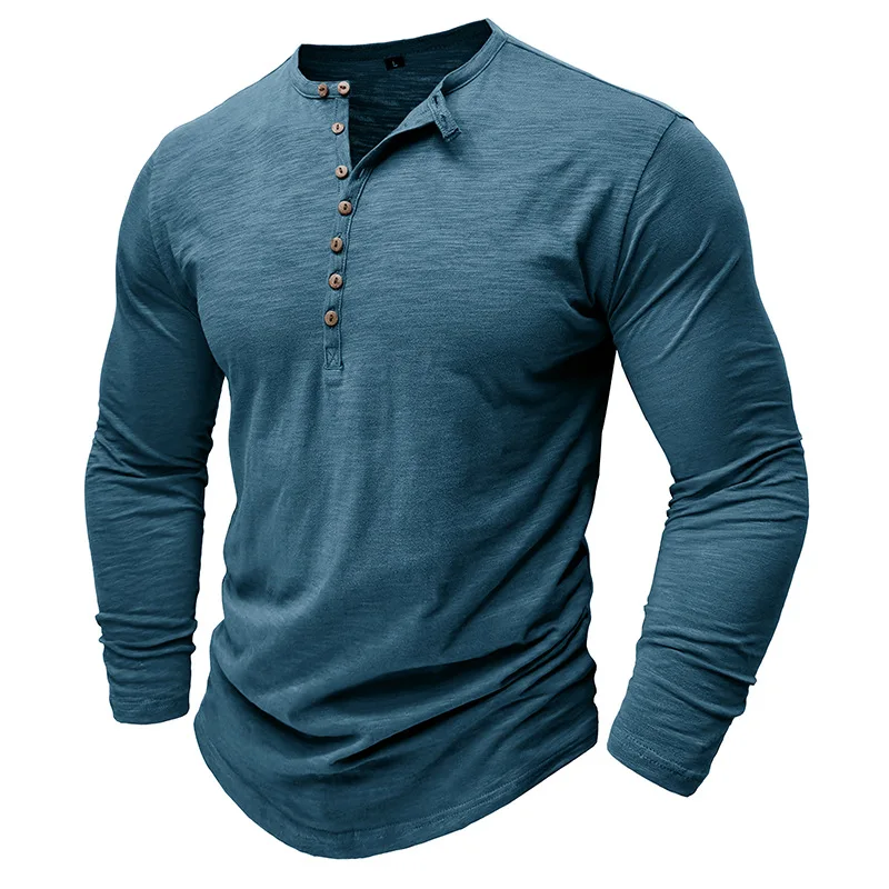 Langarm-Henley-Hemd für Herren, 100 % Baumwolle, weiche, atmungsaktive Oberteile, stilvolle T-Shirts mit Knopfhalsausschnitt, modische, solide Kleidung – Detail 39