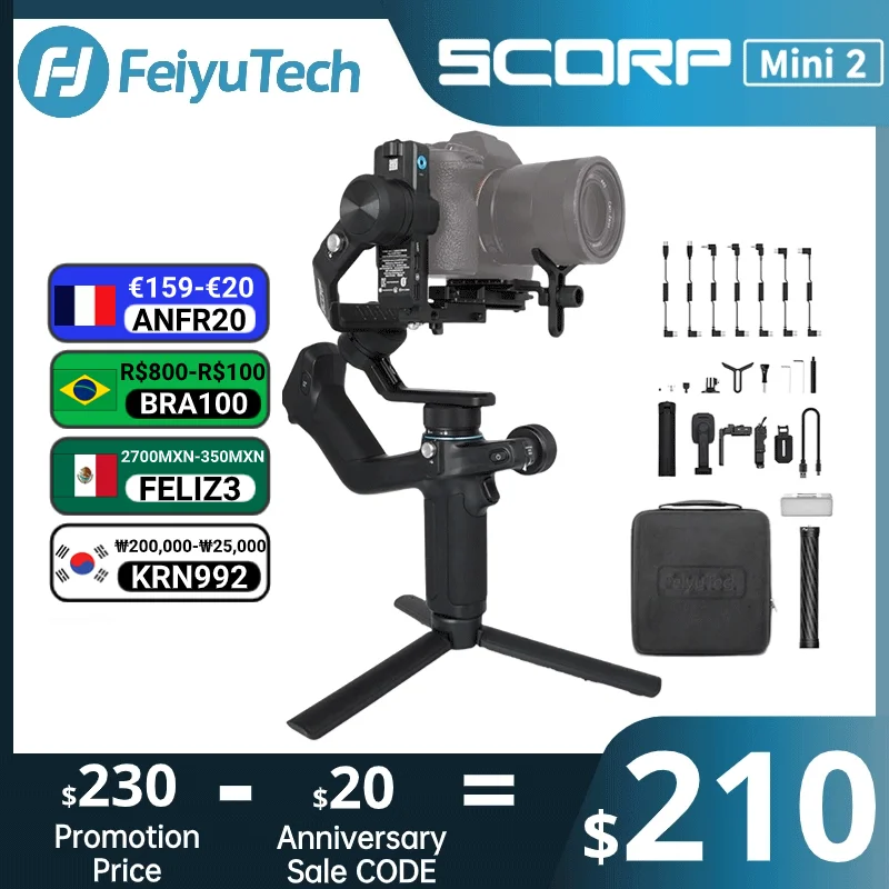 FeiyuTech SCORP Mini 2[공식] Sony A7III Canon R6 Nikon Z30 Fujifilm GoPro11/12 iPhone 14 15Pro Samsung S24, AI Tracker용 올인원 3축 핸드헬드 짐벌 안정기(SCORP Mini 업그레이드 버전) 