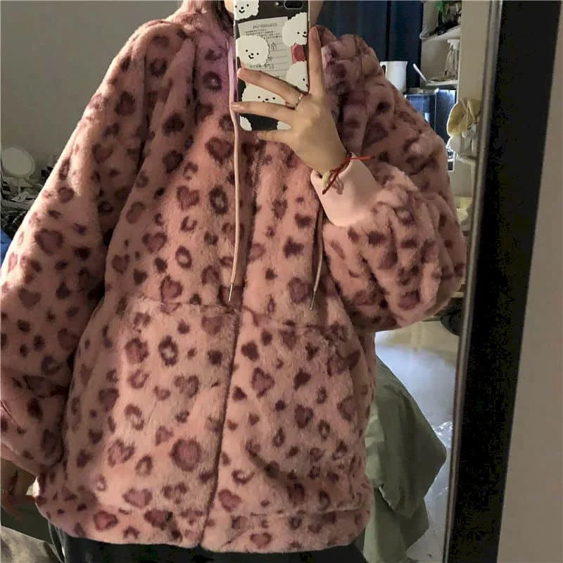 Lamb Wool Coat Women Winter Pink Leopard Print Thick Coat Korean Version Loose Plus Velvet Thick Retro Bright Color Street Coat