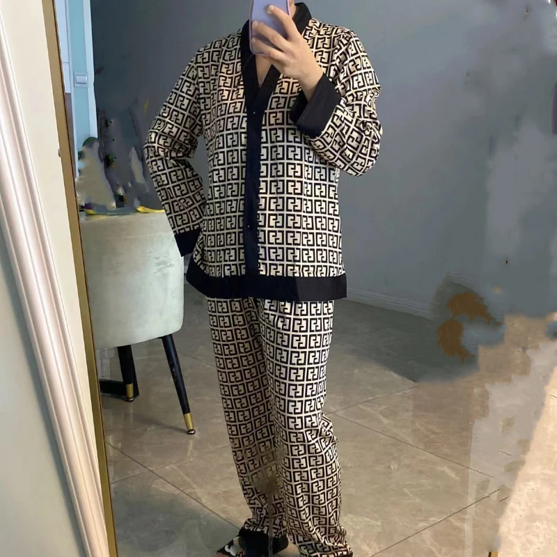 Spring Women Two-piece Satin Pajamas Nightwear Set V-neck Top and Pants Ladies Homewear Lounge Wear Sexy Pjs