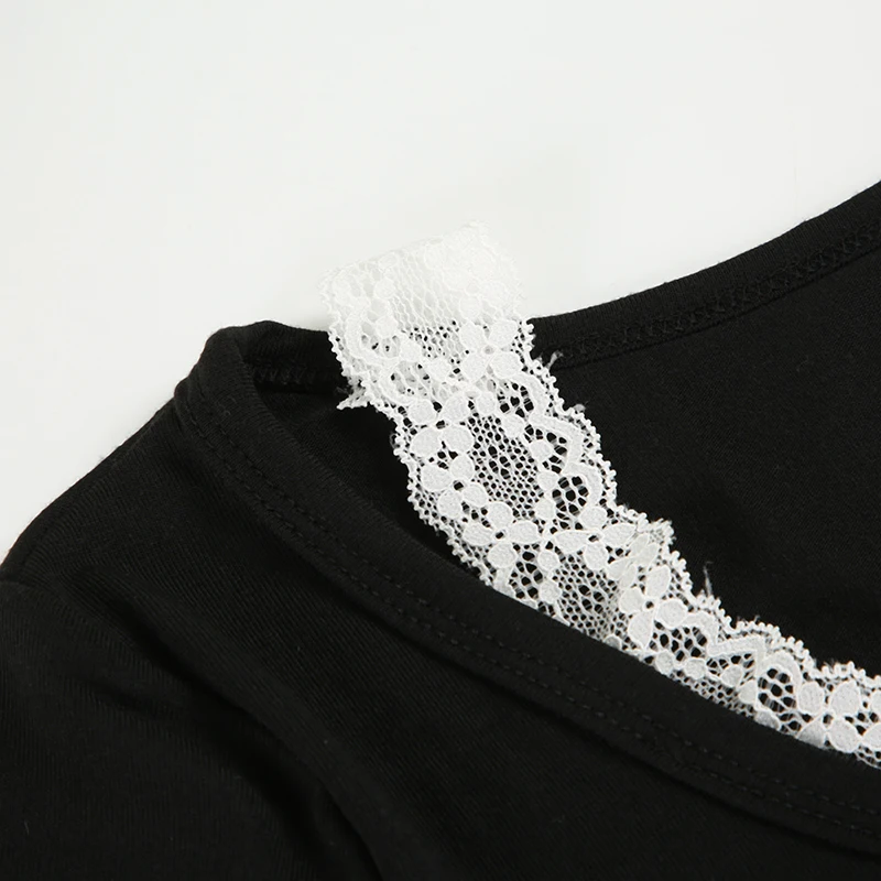 Contrast Lace Crew Neck Top Spring Casual Y2K Long Sleeve Buttons T-shirt Knitted Slim Basic Tee Shirt Streetwear 90s