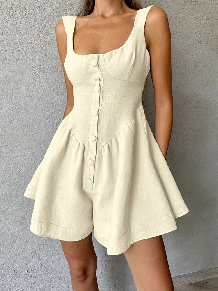 YAMIKO Khaki Cotton Linen Women Rompers With Shorts Button Tank Sleeveless Jumpsuits Office Ladies One Pieces Vacation 2024