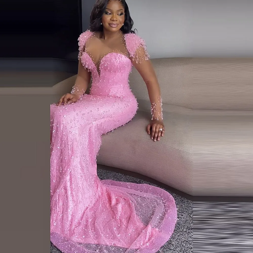 

Black Girls Pink Mermaid Evening Dresses With Sheer Neck Illusion Long Sleeves Shiny Prom Dress African Women Pageant Party Gown