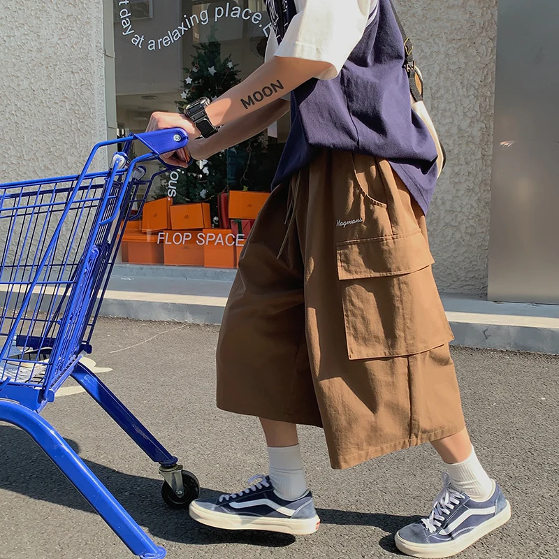 Man Cargo Thin Calf Length Short Pants Coffee Color Streetwear Ins BF Harajuku Loose Straight Pockets Daily Party Holiday Shorts