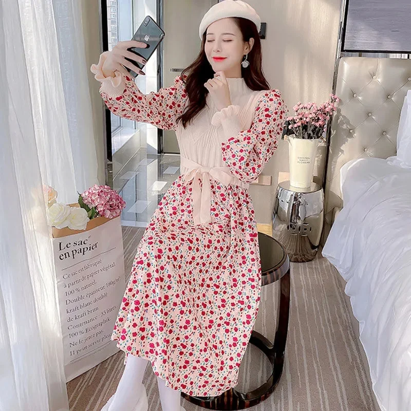 

Women's Korean New Spring Dress Fat mm Mid length sweater Dress 2023 Spring Autumn Female Embroidery Skirt Hidden Meat Dress