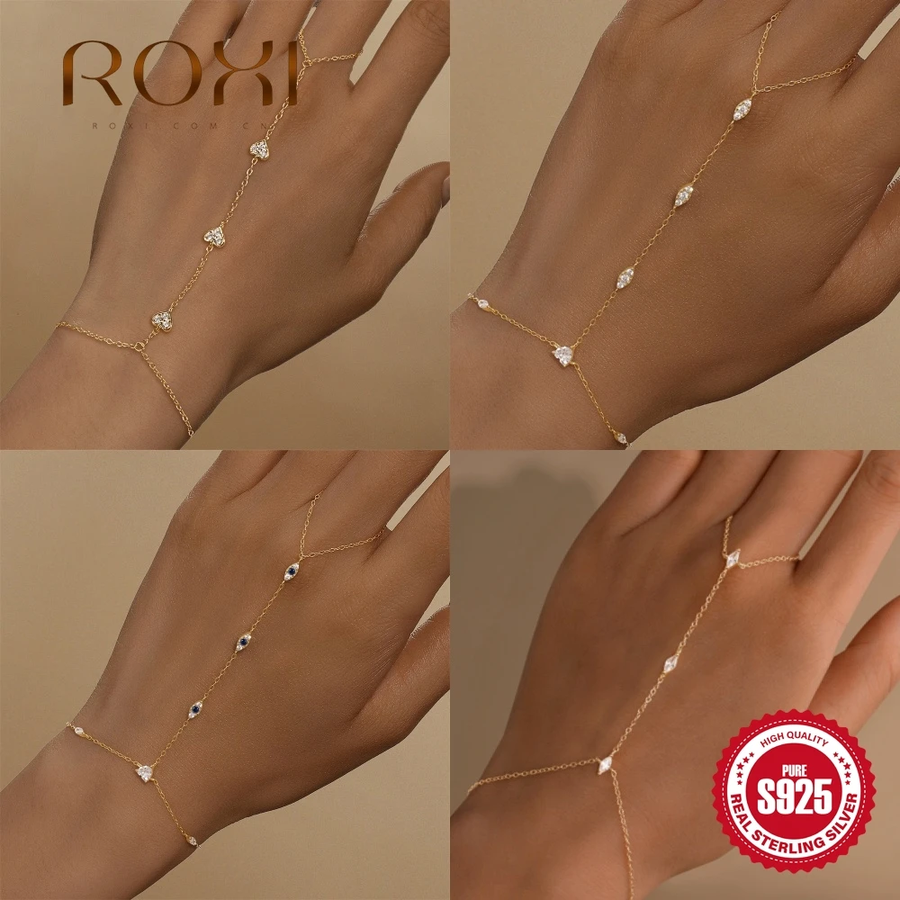 روكسي 925 فضة القلب/نجمة الزركون سوار مع تصميم الاصبع للنساء اليد سلسلة اكسسوارات مجوهرات الحفلات هدية