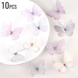 Set of 10 Elegant 5cm Double Sweet Butterfly 3D Mesh Appliqué Patches for Nail Art, Hair Accessories, and Wedding Décor (Mix color - 10pcs)