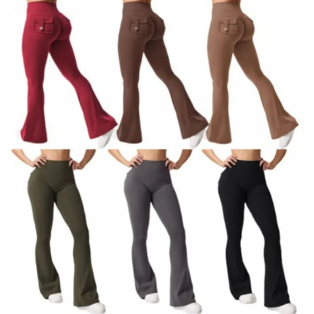 Hot Selling Women'S New High Waist Gym Scrunch Bum Sport Tights Flared Leg Gym Yoga Pants With Button Pockets Fitness Clothing