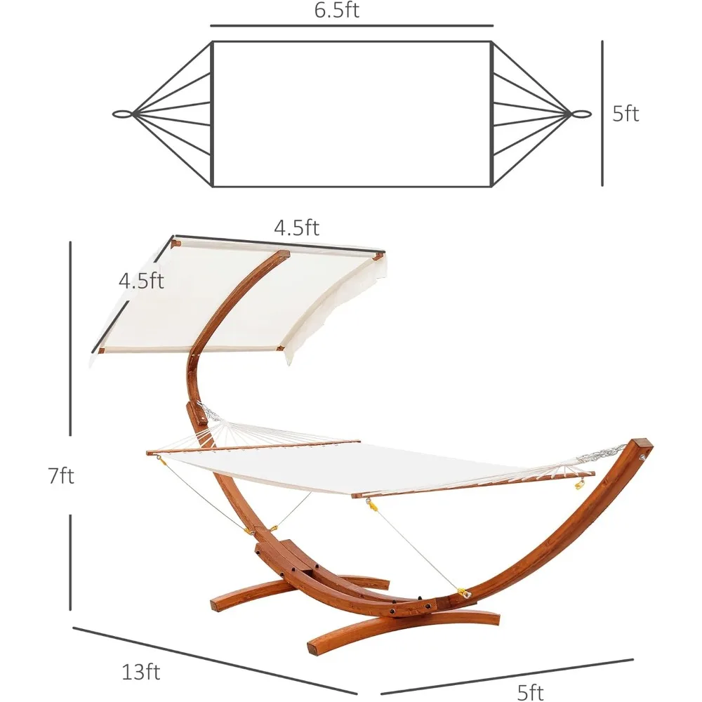 13FT Wooden Arc Hammock with Canopy, Outdoor Hammock Bed with Wood Arc Stand for Patio Balcony Garden Backyard, White 4
