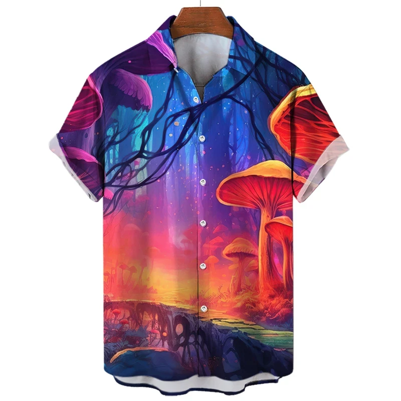 thumbnail image 1 of Camisa con estampado 3D de hongos para hombre, camisas casuales de moda de manga corta para playa, blusas de calle para hombre, camisas de gran tamaño con botones, blusas, 1 of 5