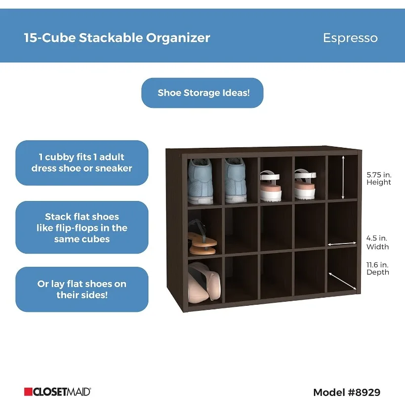 15 Cube Stackable Storage Organizer for Shoes, Bags, Crafts, Hobbies with Wood Shelves, for Closet, Entryway or Mudroom 4