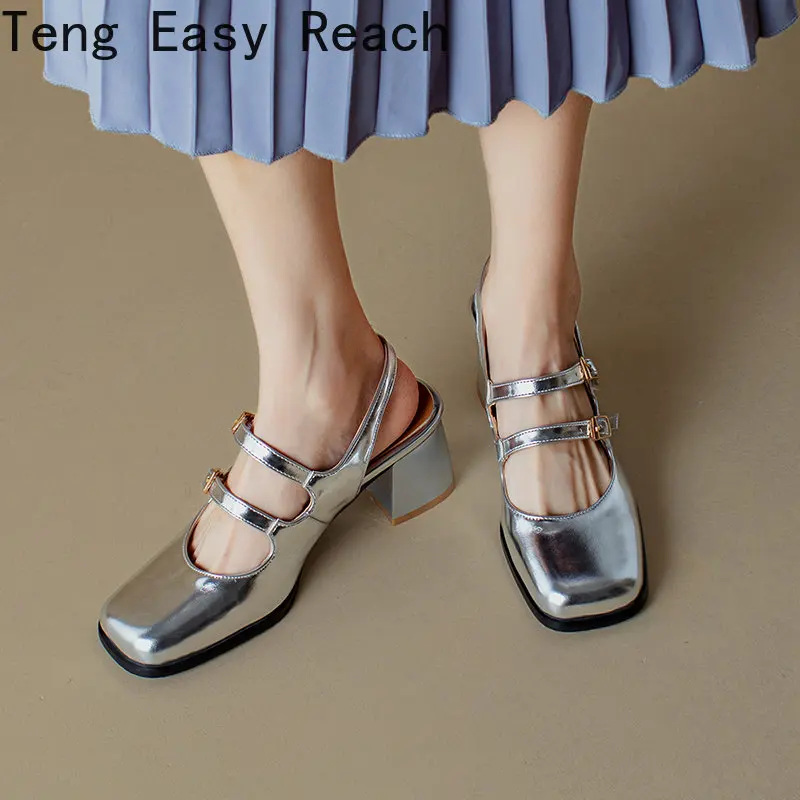 

2023 Fashion Silver High Heels Pumps Woman Mary Janes Shoes Large Size 46 Patent Black Women's Heels Dance Party Wedding Shoes