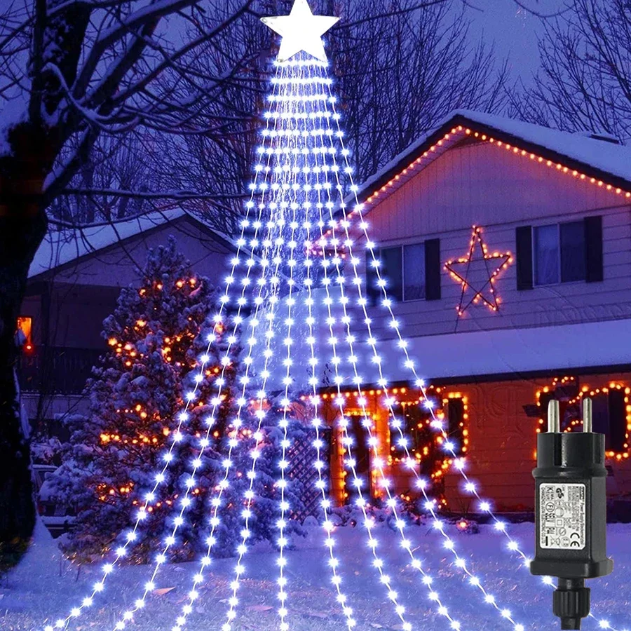 Guirxiété lumineuse extérieure en cascade de Noël, 9x3m, 288LED, chute d'eau éclairée, arbre, guirxiété lumineuse, Topper, nickel é