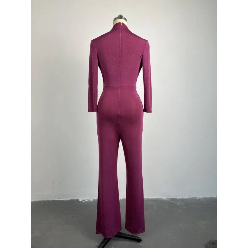 2024 Spring Women's Elegant Slim High Neck High Waist Jumpsuit Temperament Clothes New Female Fashion Skinny Wide Leg Jumpsuits