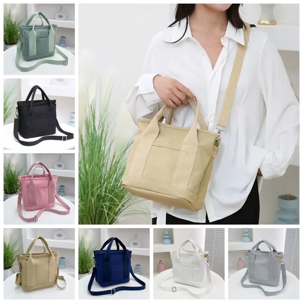 Multi-pocket Japanese Style Crossbody Bag Zipper Handbag Canvas Shoulder Bag Mommy Bag Shopping Bag Pure Color Tote Bag Daily