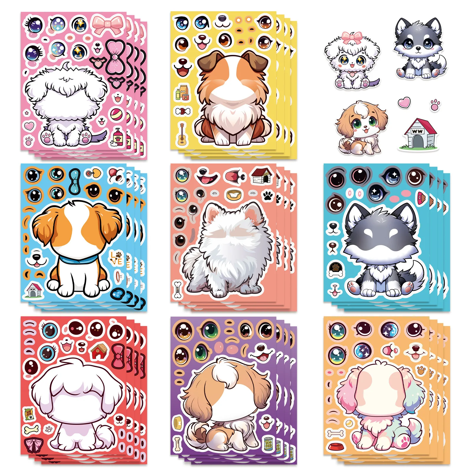 8/16 Blatt niedlicher Hund, Haustier, machen ein Gesicht, Cartoon-Puzzle-Aufkleber, Notizbuch, Gitarre, Tasse, Handtasche, dekorative Puzzle-Aufkleber für Kinder