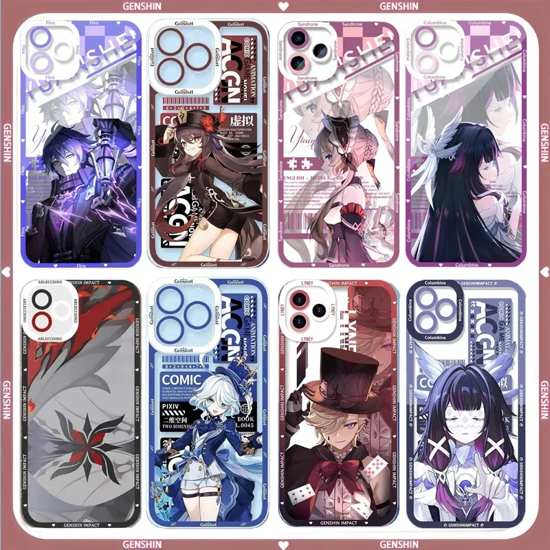 Genshin Impact Soft TPU Phone Case Featuring Xiao, Columbina, HuTao, and Furina