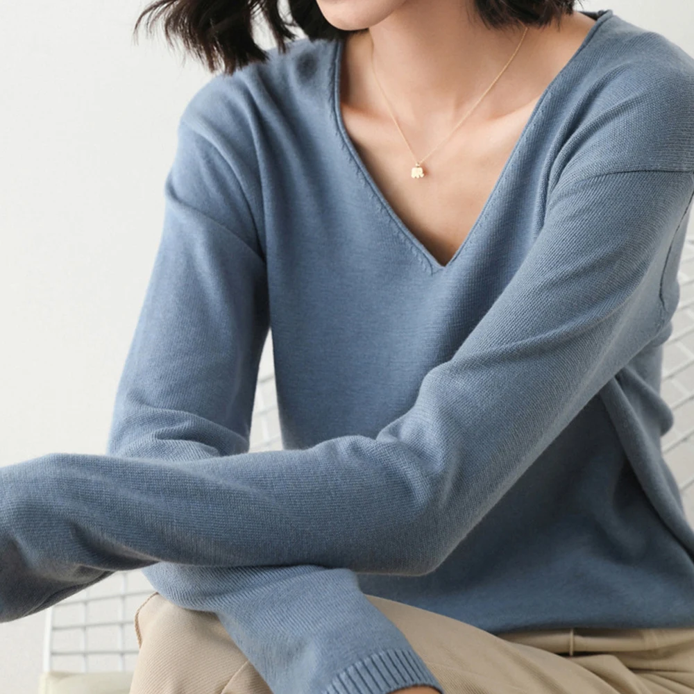 

Women Sweater Cashmere Pullover Tops Knitted Jumper Winter Sweater Autumn Solid Color Wool Cashmere V-neck Loose Crochet Tops
