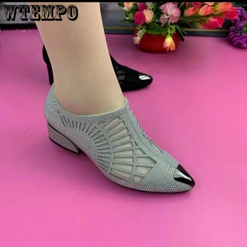 Soft Leather Mesh Sandals Hollow Water Diamond Pointed Toe Shallow Mouth Slip-on Low Heeled Women Boots Commuting Spring Autumn 2