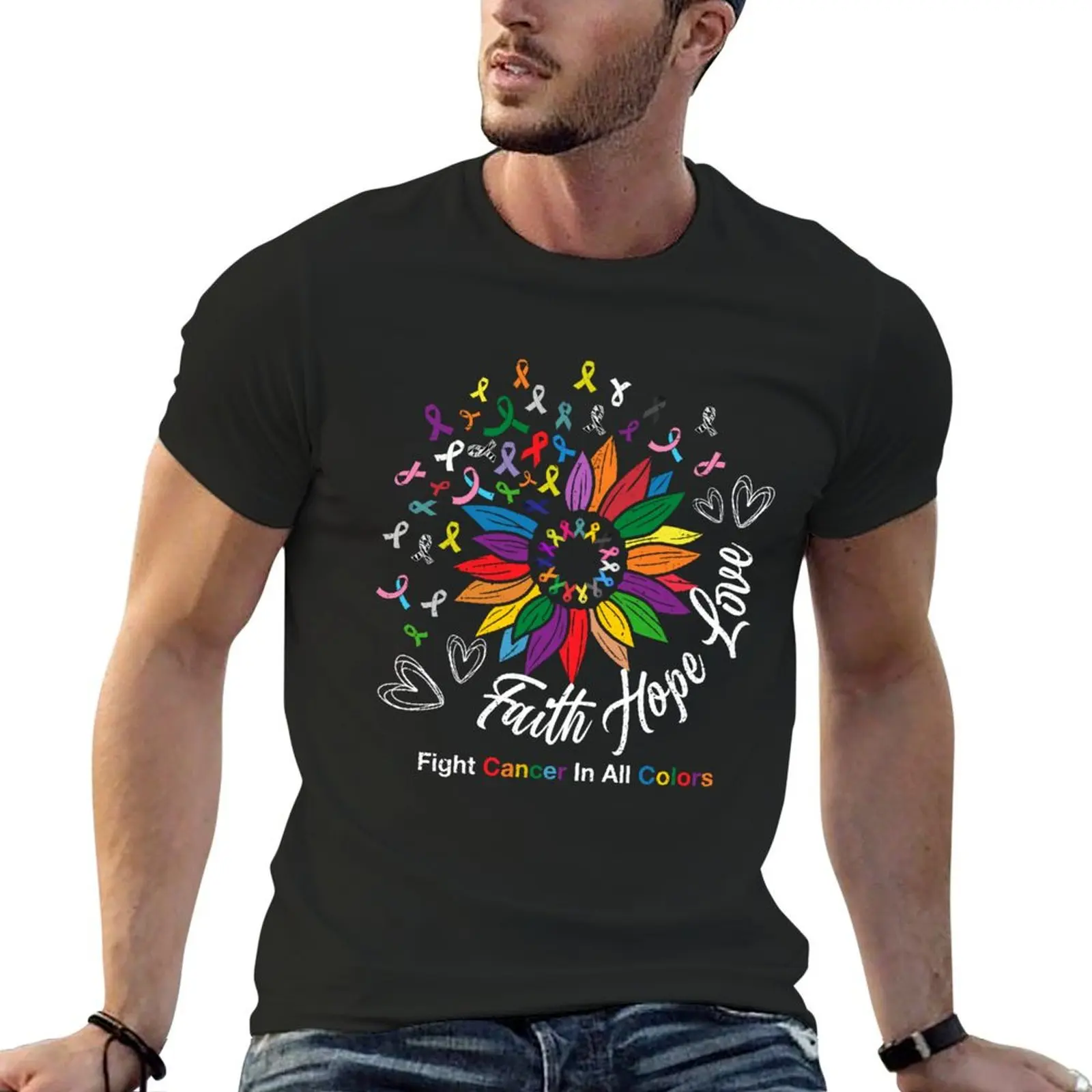 

Faith Hope Love Fight Cancer In All Colors, Colorful Ribbon Sunflower Cancer Awareness, Cancer Warrior, Supporters Gift T-shirt