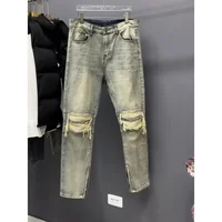 Washed American Vibe High Street Vintage Hole Denim Jeans Men Summer Straight Loose High End Feeling Poor Man's Pants