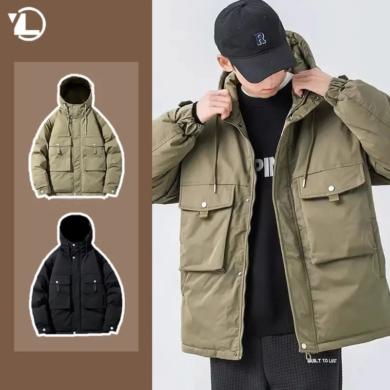 

Mens Tooling Cotton Clothes 2023 Winter Thickened Outdoor Sports Loose Hooded Jacket Korean College Couple Parkas Big Pocket