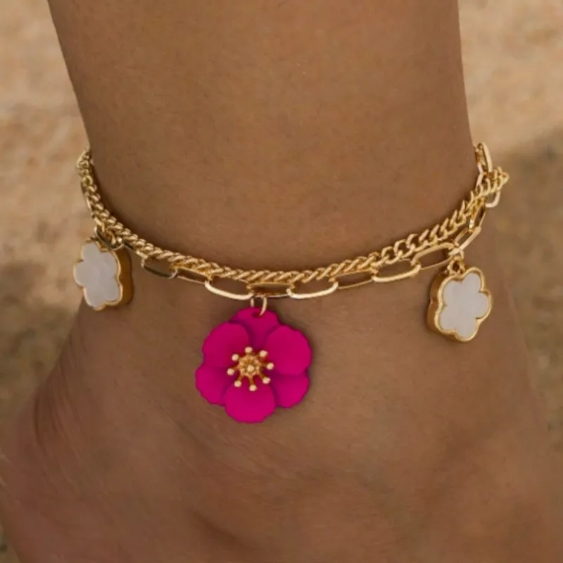 Elegant & Charming Lucky Double Layer Triple Leaf Flower Pendant Anklet for Women Summer Vacation Style Suitable For Holiday