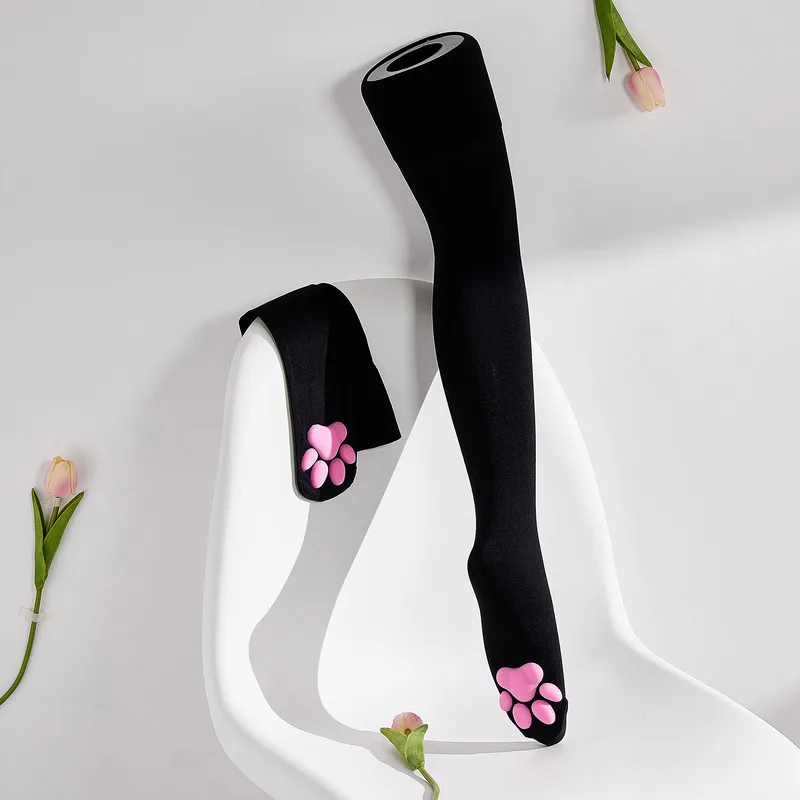 Calze Alte Coscia In Velluto Rosa Con Zampa Di Gatto 3D - Kawaii Lolita Cosplay, Taglia Unica