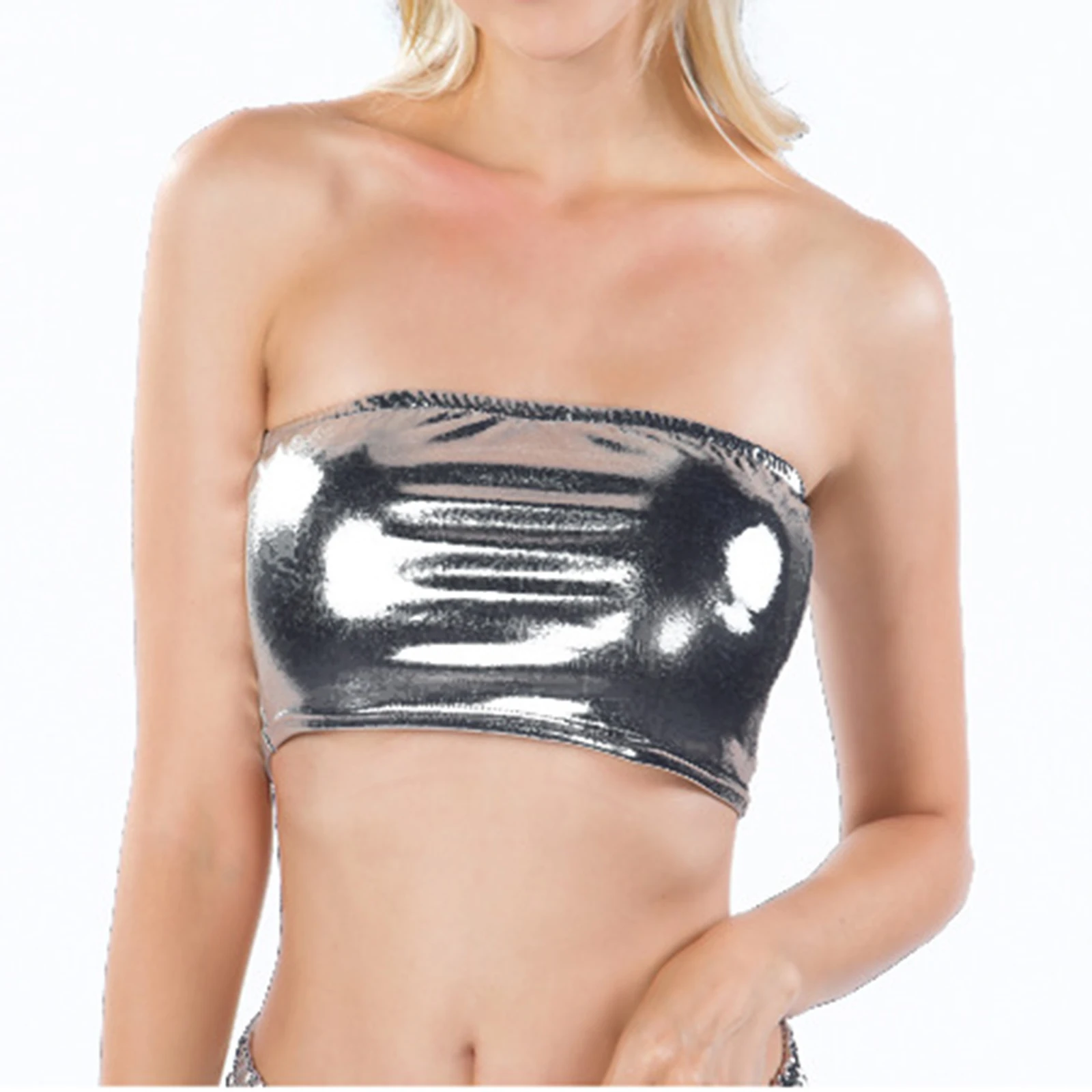 Neues modisches Damen-Bandeau-Unterhemd aus PU-Leder mit elastischem Bund ohne Brustpolster, schicke Party-, Club- und Bühnenauftritts-Kostüme – Detail 4