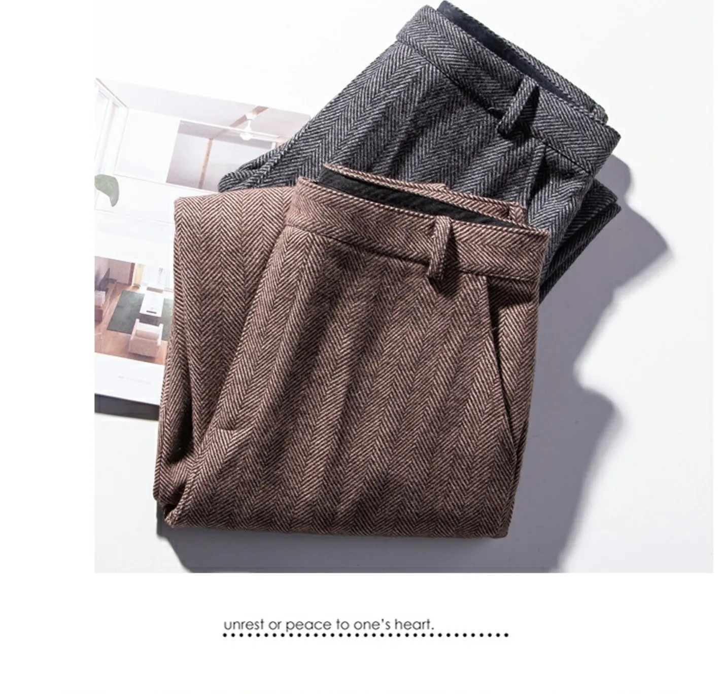 Herrenhose aus Wolle für Herbst und Winter, großes Fischgrätenmuster, britische Retro-amerikanische Freizeithose aus Haremwolle mit geradem Bein – Detail 4