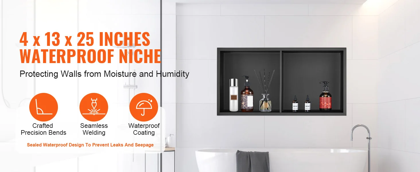 Shower niche holding various bathroom accessories on its two shelves