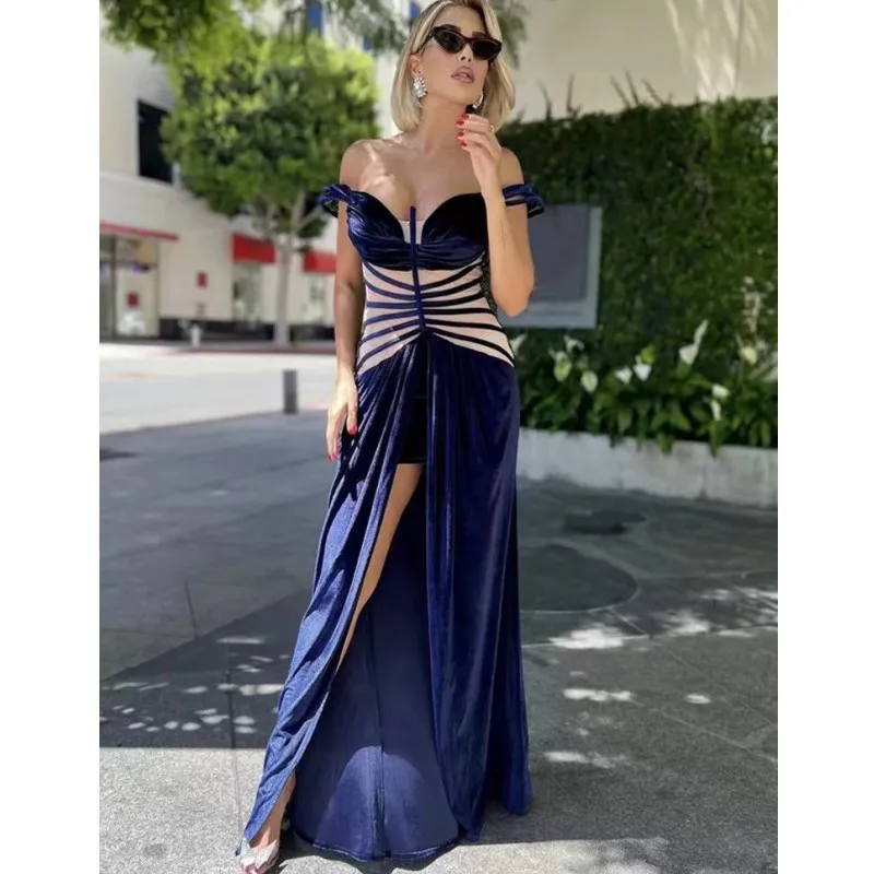 

New Blue High Colla Wrap Chest Gauze Bodycon Perspective Fashion Trend Summer Long Style Casual Celebrity Party Dress