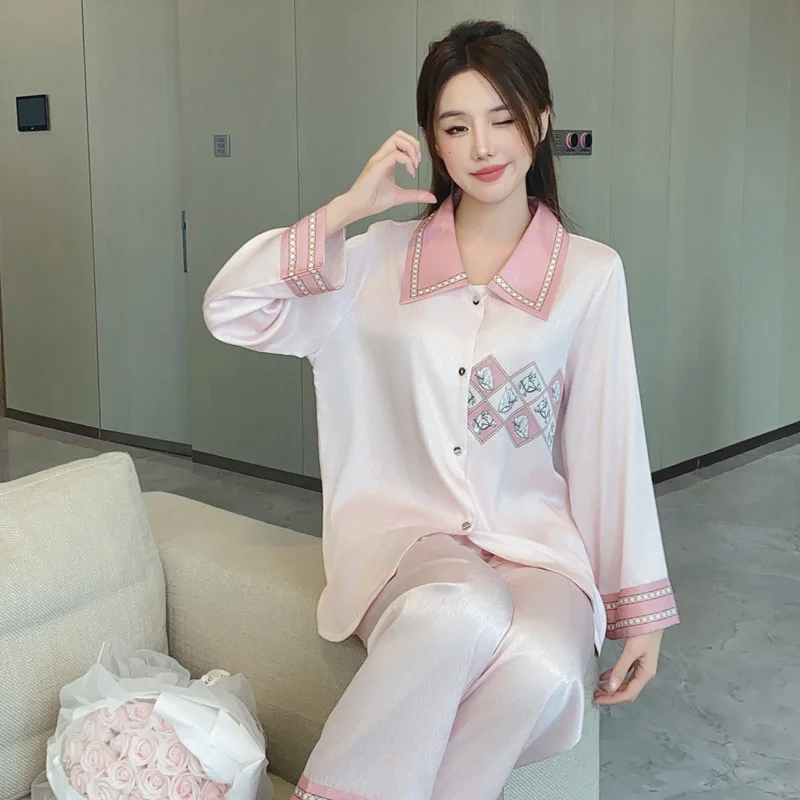 

Comfortable Spring High Quality Ice Silk Pajamas Women Herringbone Casual Loose Thin Sweet Long-sleeved Breathable Pyjamas Sets