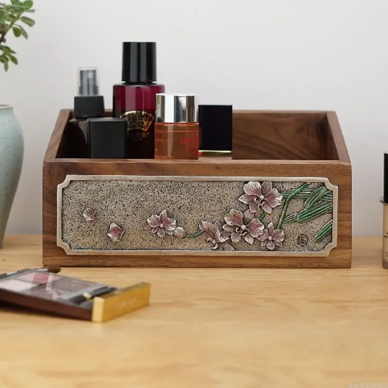 

Elegant Black Walnut Wood Organizer Box Premium Cosmetic and Remote Control Storage Case Living Room Coffee Table Decorative