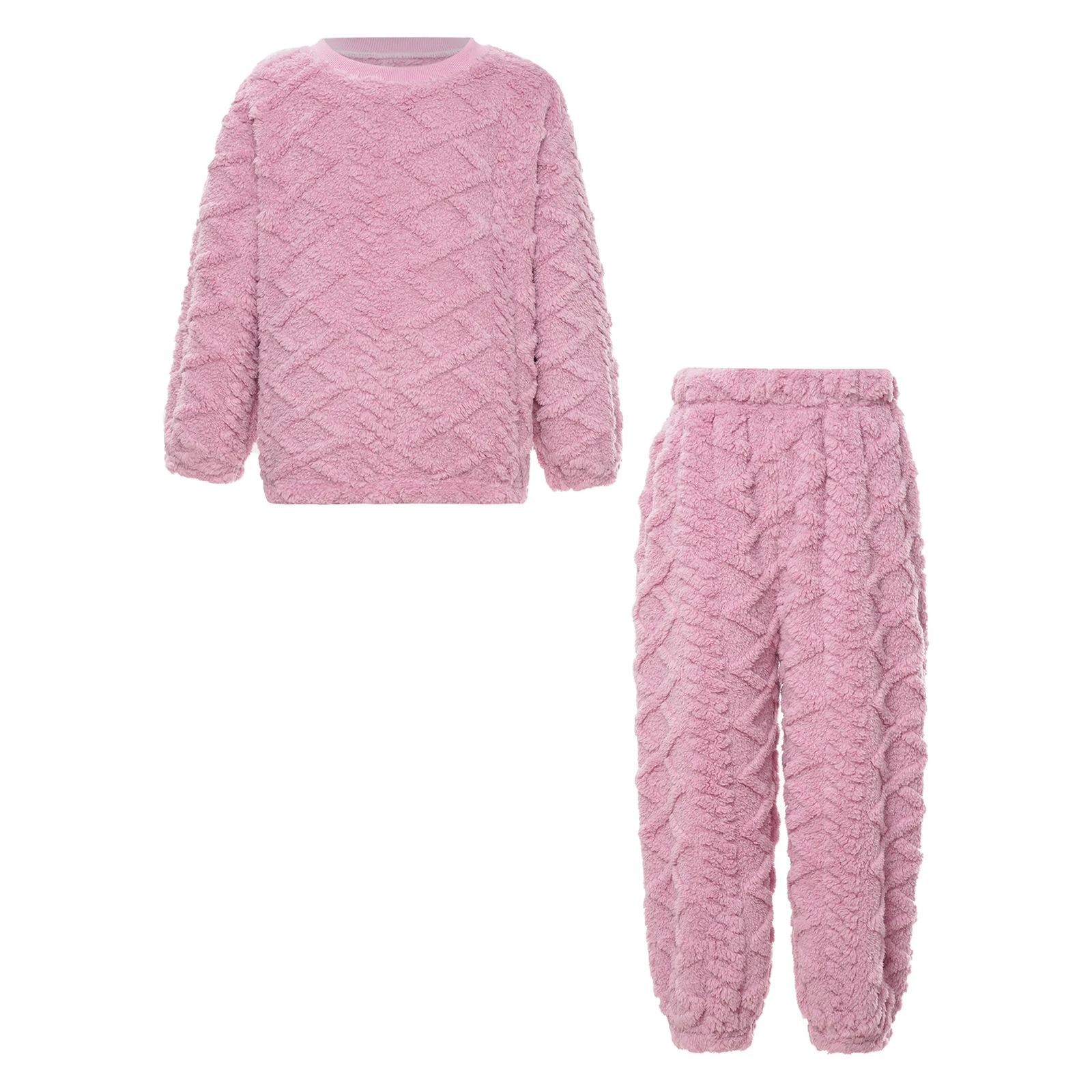 

Winter Kids Boys Girls Nightwear Fuzzy Flannel Pajamas Set Homewear Loungewear Unisex Long Sleeve Round Neck Tops with Pants
