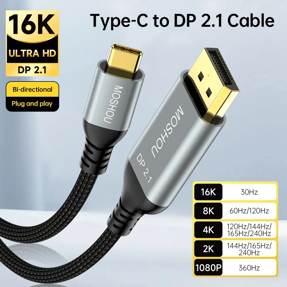 Moshou-usb c para Displayport 2.1 Cabo para Macbook Pro e Air 16k @ 30hz 8k @ 60hz 40gbps Thunderbolt tipo c para dp 2.1 Cabo