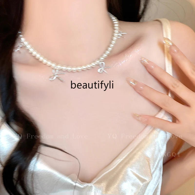 

Light Luxury High-Grade Bow Stringed Pearls Necklace New Design Temperament Clavicle Necklace Necklace Accessories