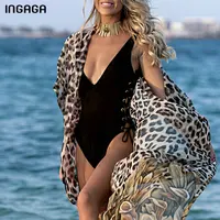 INGAGA Leopard Long Beach Dress Sexy Cardigan Women’s Swimsuit 2022 Cover Up Half Sleeve Swimwear Women Belted Bathing Suit