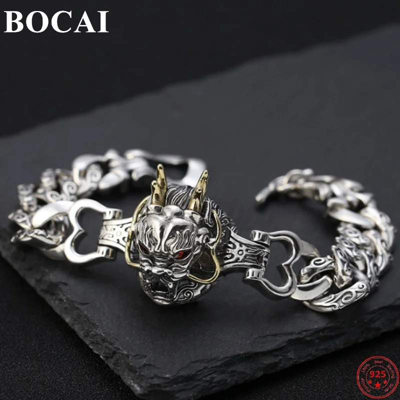 

BOCAI S925 Sterling Silver Bracelet Creative Dragon Head Thai Silver Hand String for Men Pure Argentum Horsewhip-Chain Jewelry