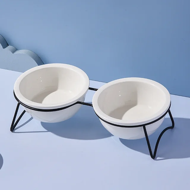 Cat Ceramic Double Food Water Bowls White Small Dog Drinking Eating Feeding Bowl with Stand Pet Neck Guard Feeders 4