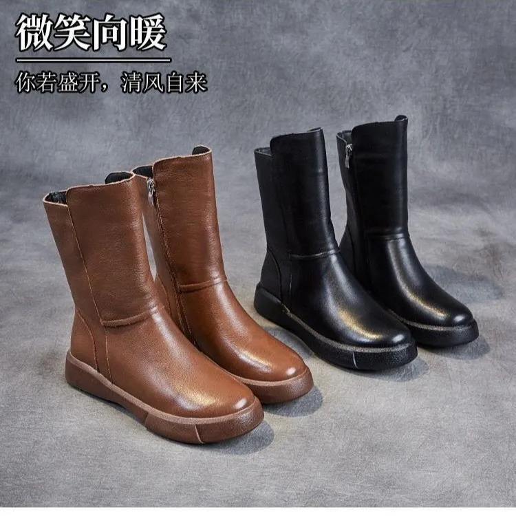 2022 Autumn Winter Motorcycle Boots Vintage PU Leather Flat Mid Calf Women Boots Female Cross Tied Fur Snow Fashion Boots 35-40