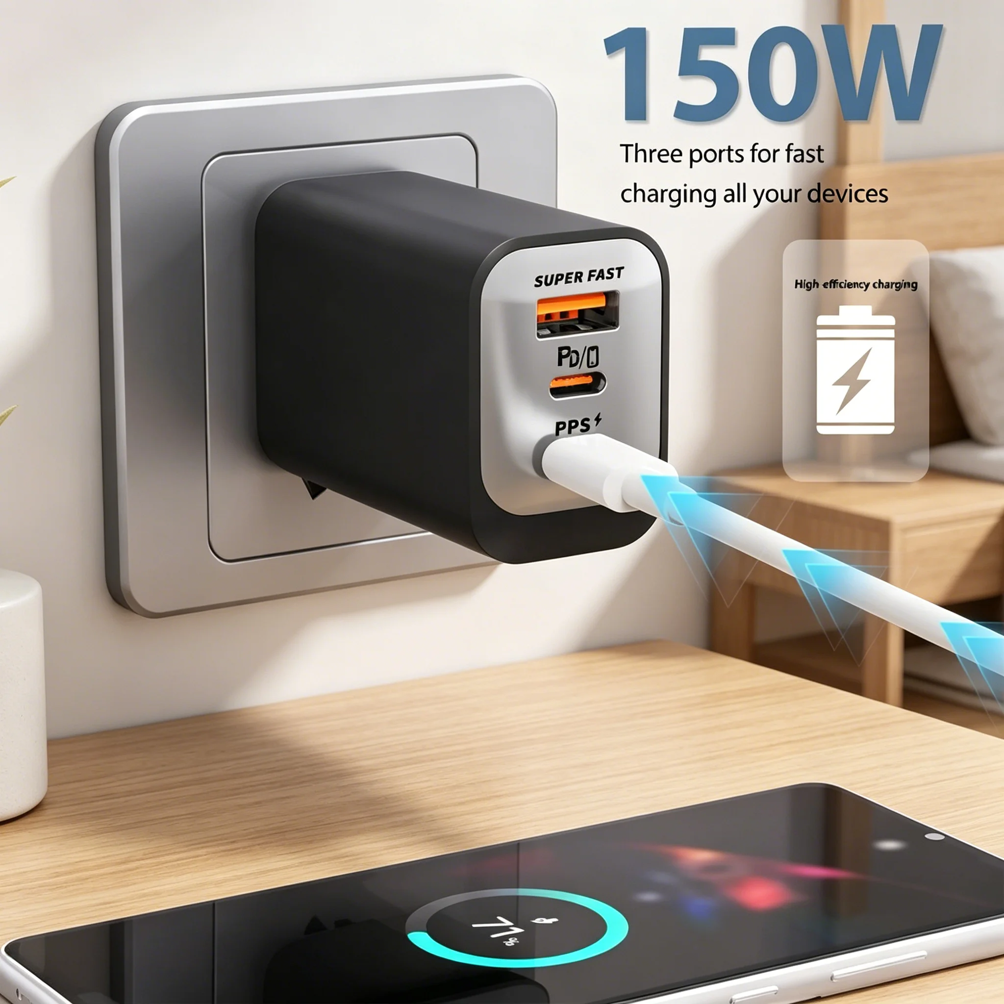 Carregador USB de 150W, Carregador Rápido USB Tipo C para Celular, Adaptador de Viagem QC3.0 com Plugue EU/UK/US para iPhone 17, Samsung, Xiaomi