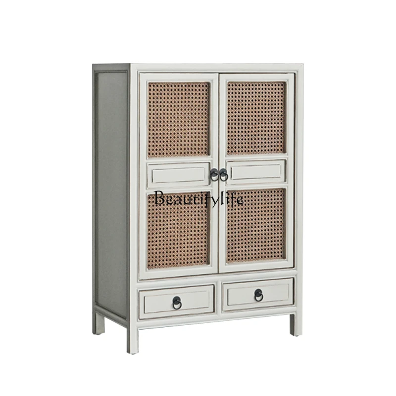 

New Chinese Modern Solid Wood Rattan Sideboard Dining Room Storage Cabinet