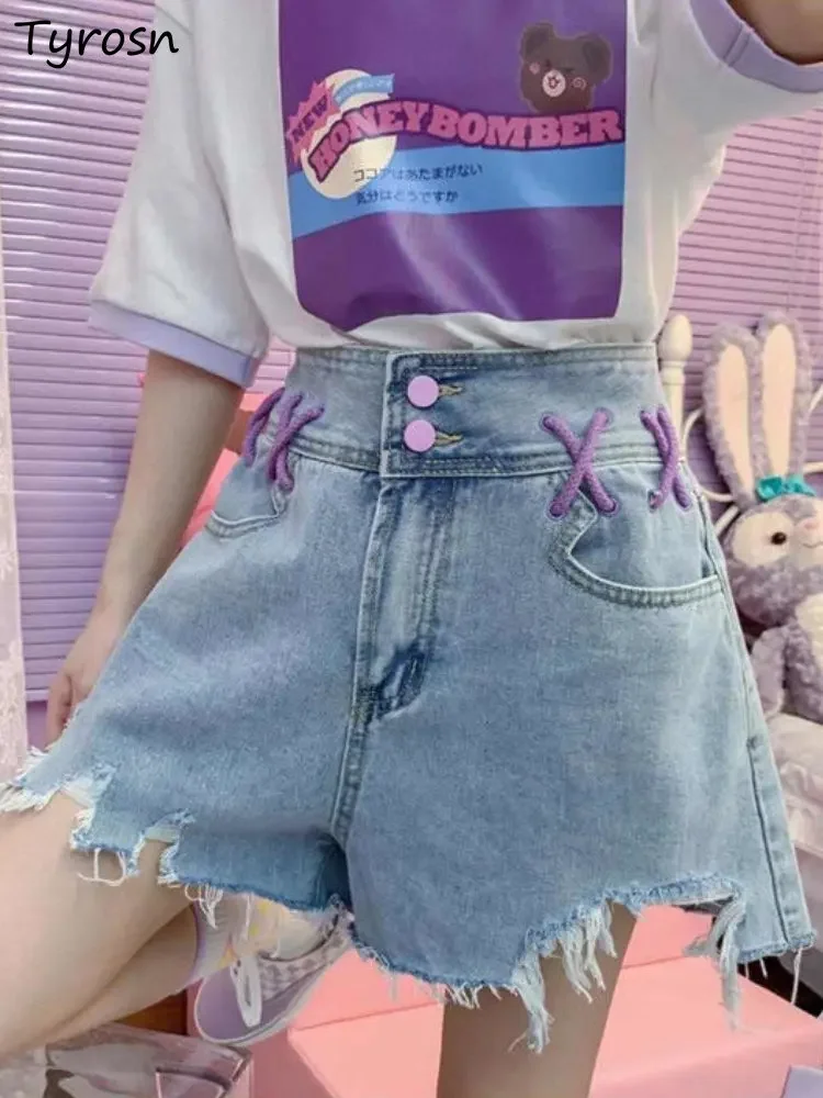 

Shorts Women Bandage Daily Kawaii Loose S-5XL Denim Students Designer Y2K Distressed Summer High Waist Leisure Korean Style Cozy